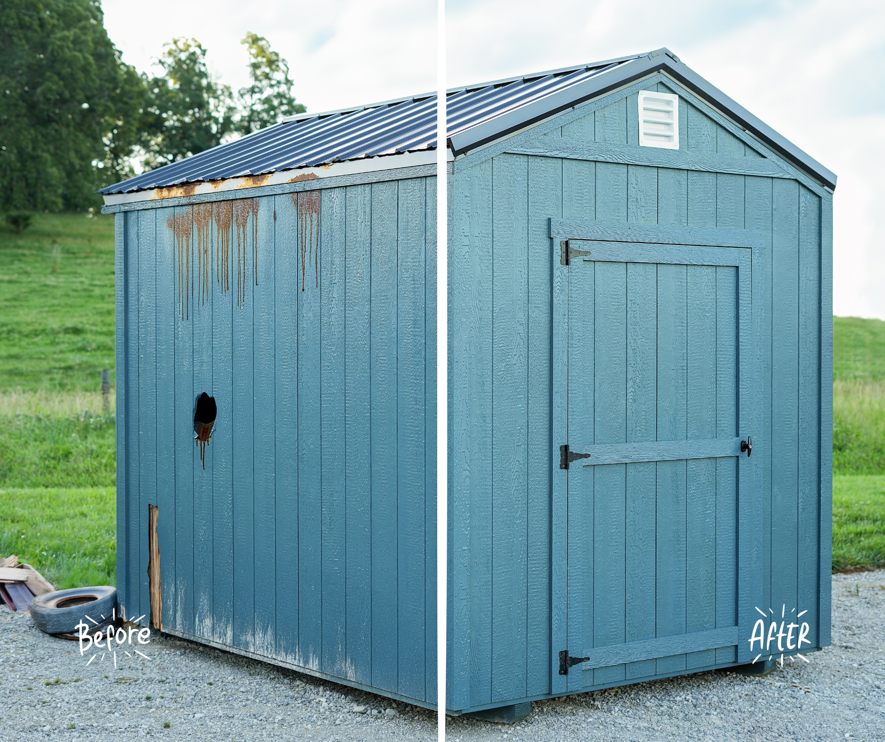 A shed before and after repair