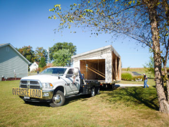 Part of a multiple-car modular garage in Kentucky being delivered