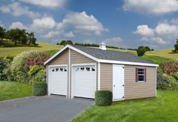 A custom prebuilt garage in Kentucky with vinyl siding and windows