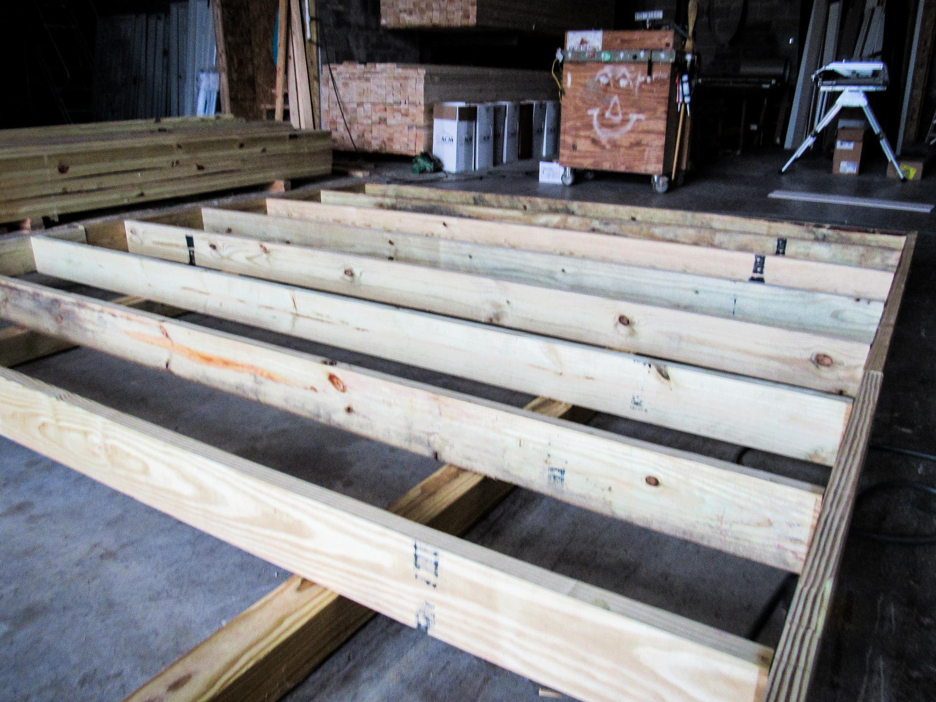 Floor framing on a prefab shed in Kentucky