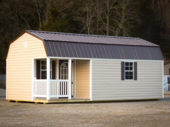 A tan vinyl man cave shed.