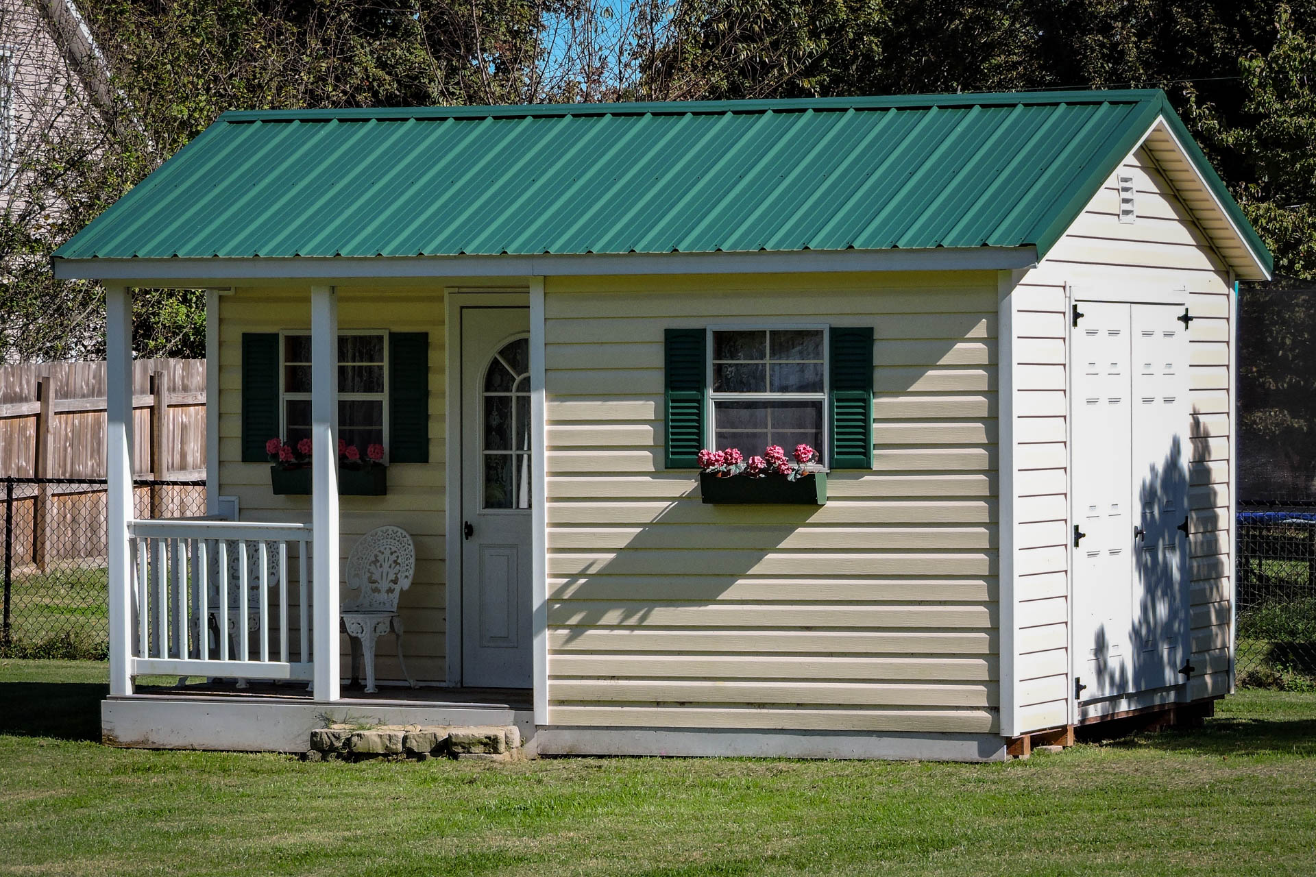 A she shed with a flower box in Kentucky.