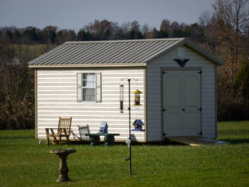 A shed in Kentucky with vinyl siding and double doors