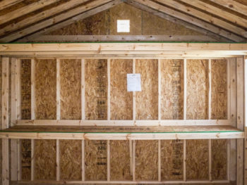 Interior of a shed in Tennessee with shelving