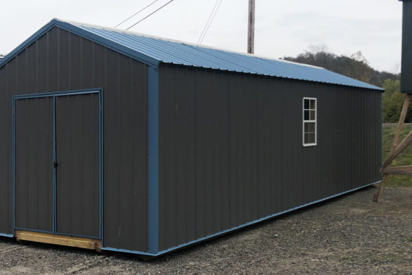 exterior of black and blue ranch metal shed for sale in KY and TN