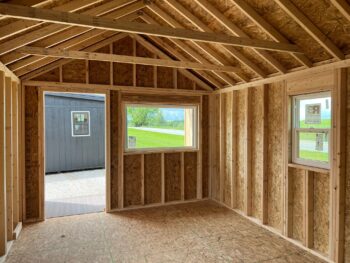 the interior of a nordic tiny home shell for sale by esh's utility buildings