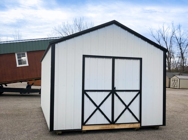 exterior of white metal shed for sale in KY and TN