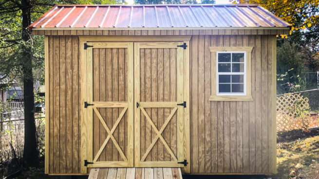 exterior of ranch a-framed stained shed for sale in KY and TN
