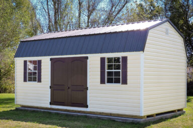 yellow high barn shed with vinyl siding option