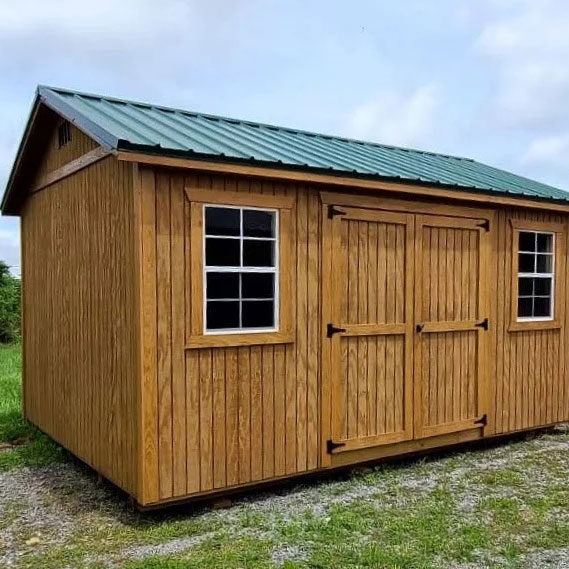 exterior of brown and green ranch 200 sq ft shed for sale in KY