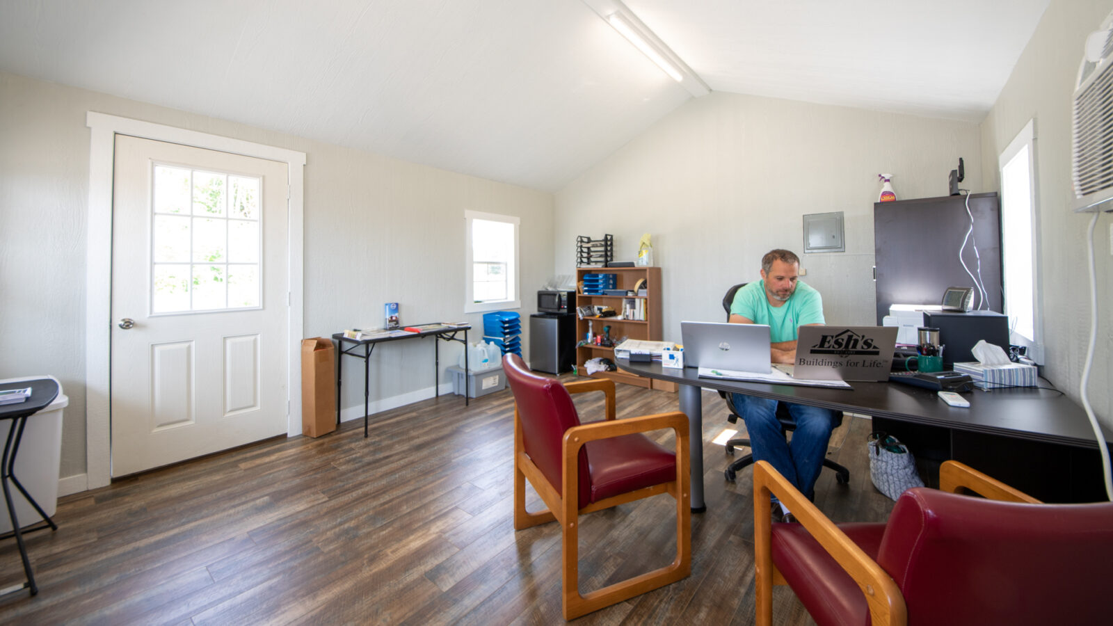 interior of shed converted into an office for the 200 sq ft shed article