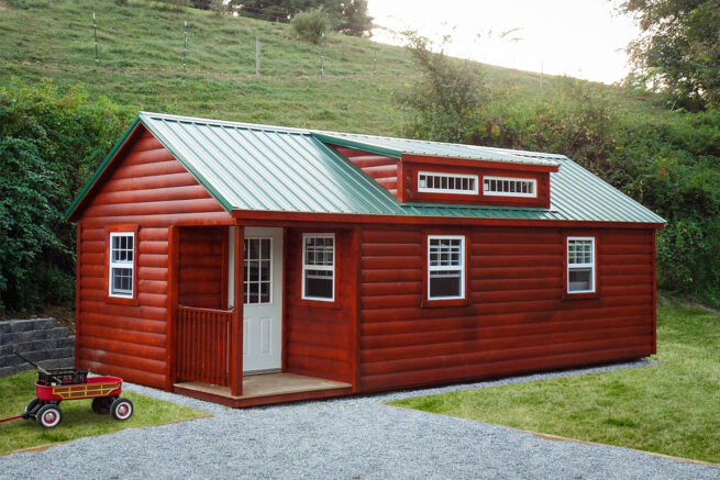 Red man cave shed with porch in Tennessee