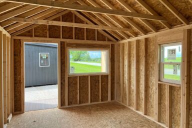 the interior of a nordic tiny home shell for sale by esh's utility buildings