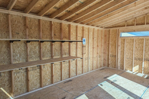 the interior of a skillion single-slope shed for sale by Esh's Utility Sheds