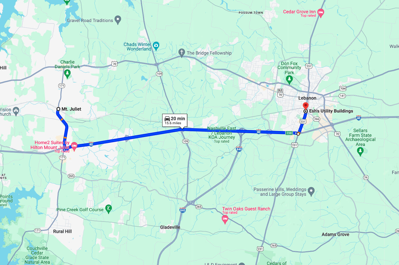 direction from mt.juliet to the closest esh's sheds lot