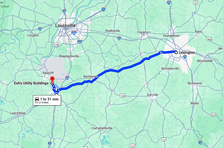 directions from Lexington, KY and to Esh's Utility Buildings in Elizabethtown