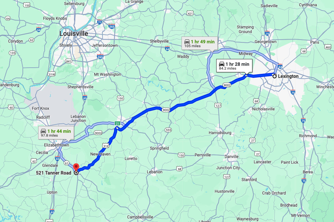 directions from Lexington, KY to Esh's Utility Buildings in Hodgenville