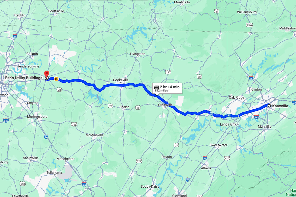 directions from Knoxville to Esh's Utility Buildings in Lebanon