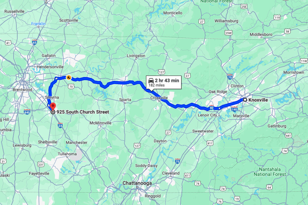 directions from knoxville to Esh's Utility Buildings in murfreesboro