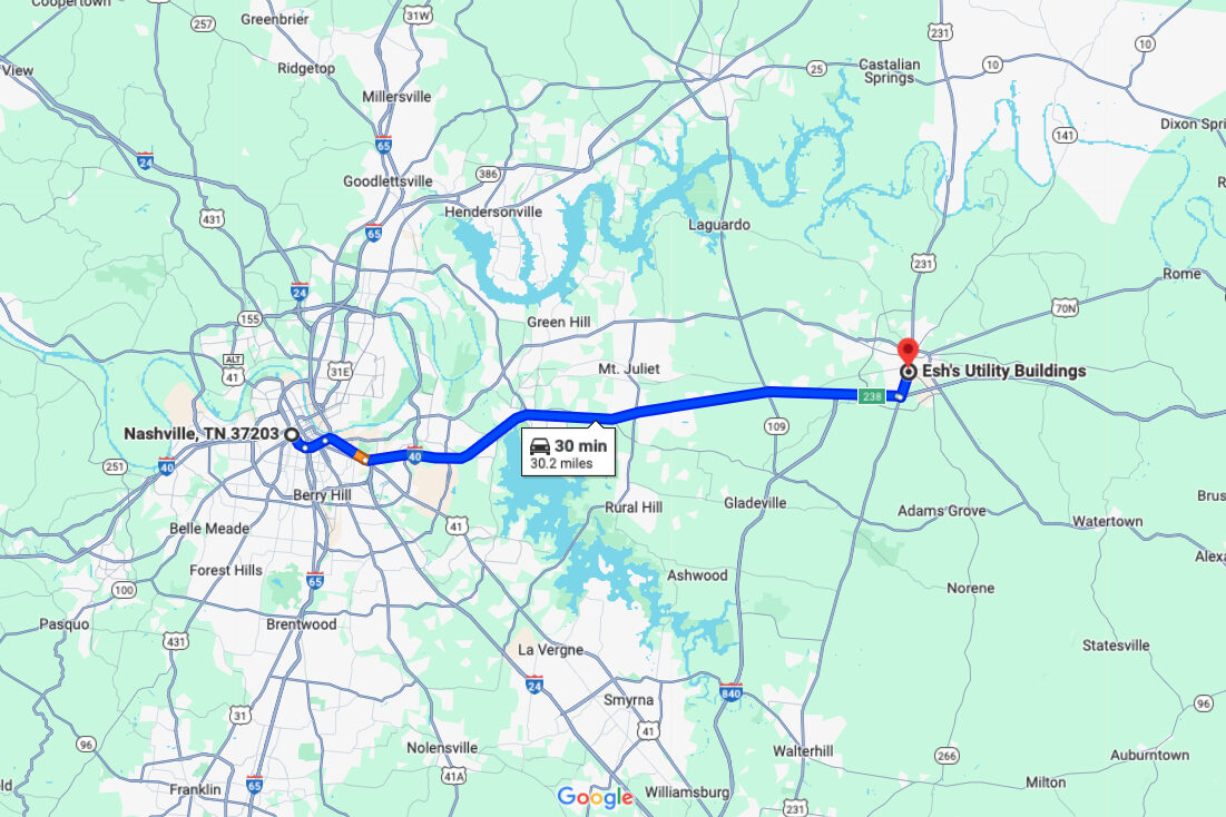 direction from Nashville to Esh's Utility Buildings in Lebanon