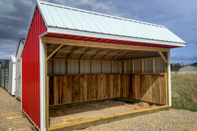 A red metal horse run-in shed sold in Kentucky