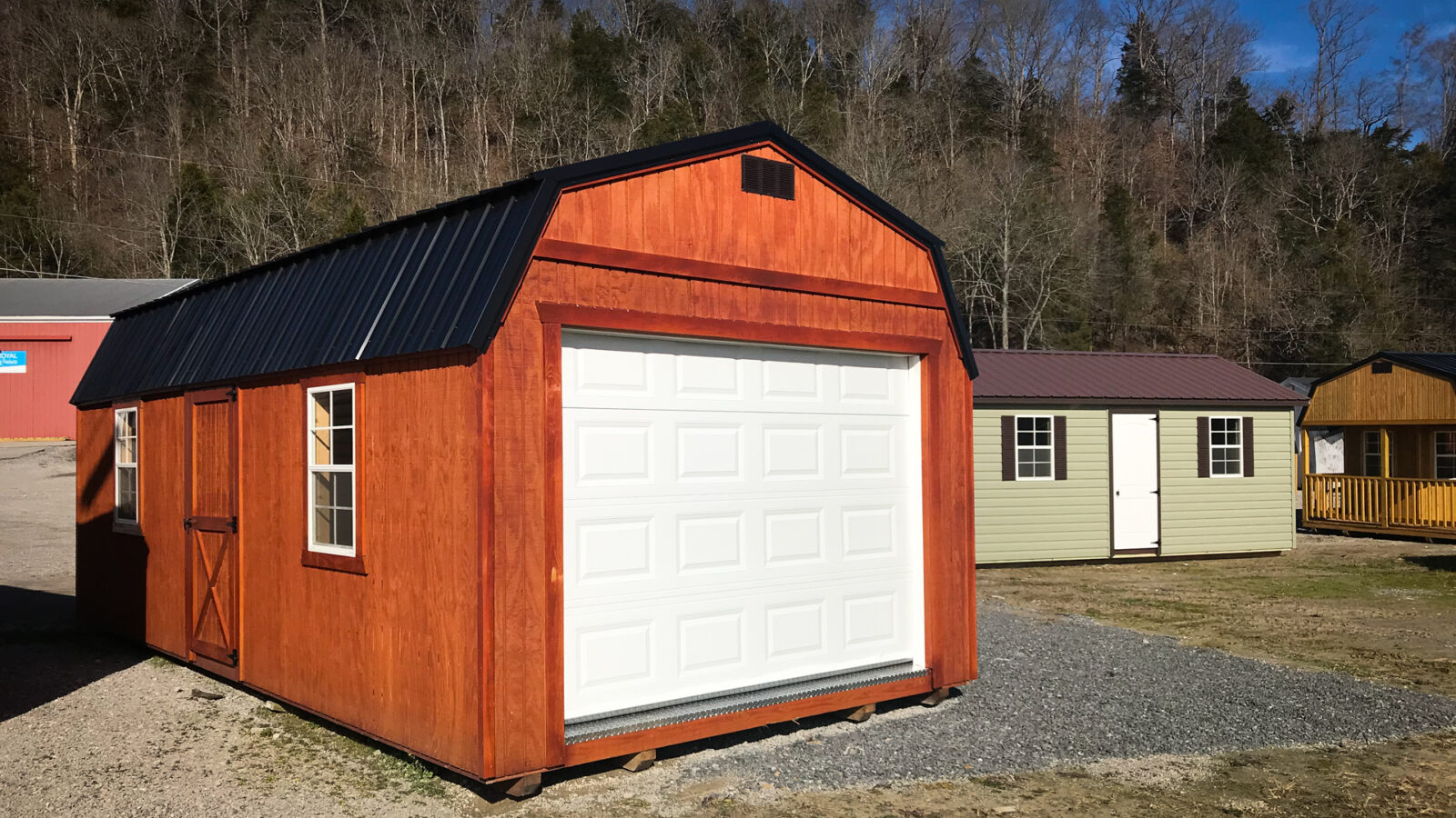 exterior of red and white car garage shed for sale near PA