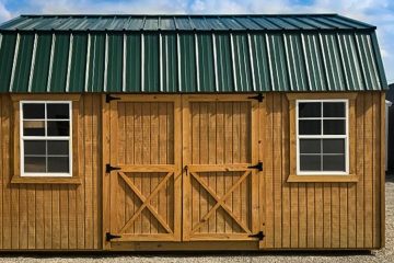 exterior of brown and green 12x16 storage shed for sale