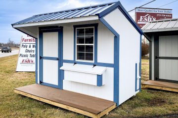 exterior of white and blue chicken coop for sale