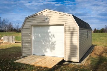 exterior of tan portable garage shed for sale