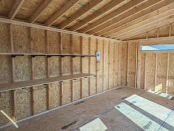 the interior of a skillion single-slope shed for sale by Esh's Utility Sheds