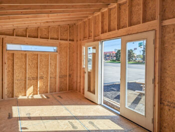 the interior of a skillion single-slope shed for sale by Esh's Utility Sheds